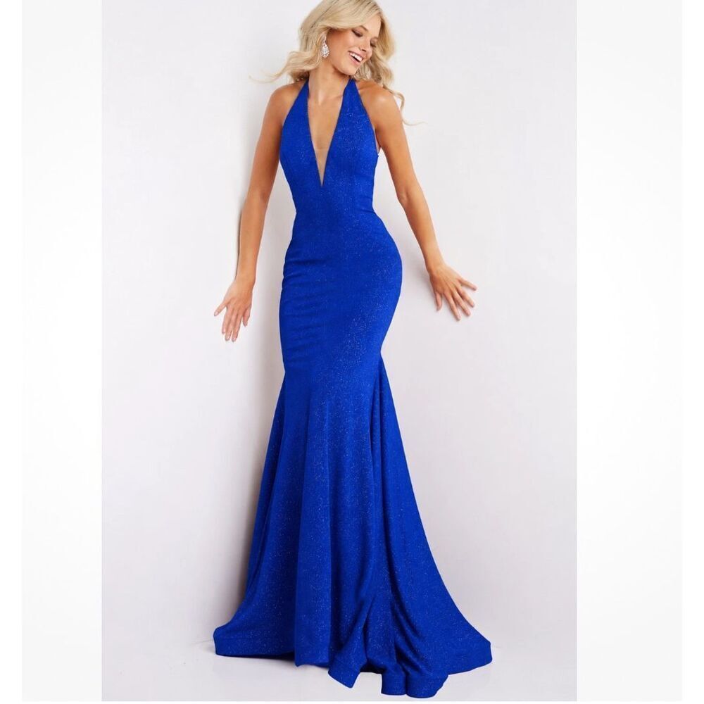 NWT Jovani Royal Blue Shimmer Halter Gown Low Back Dress Women’s 6 Pageant Forma